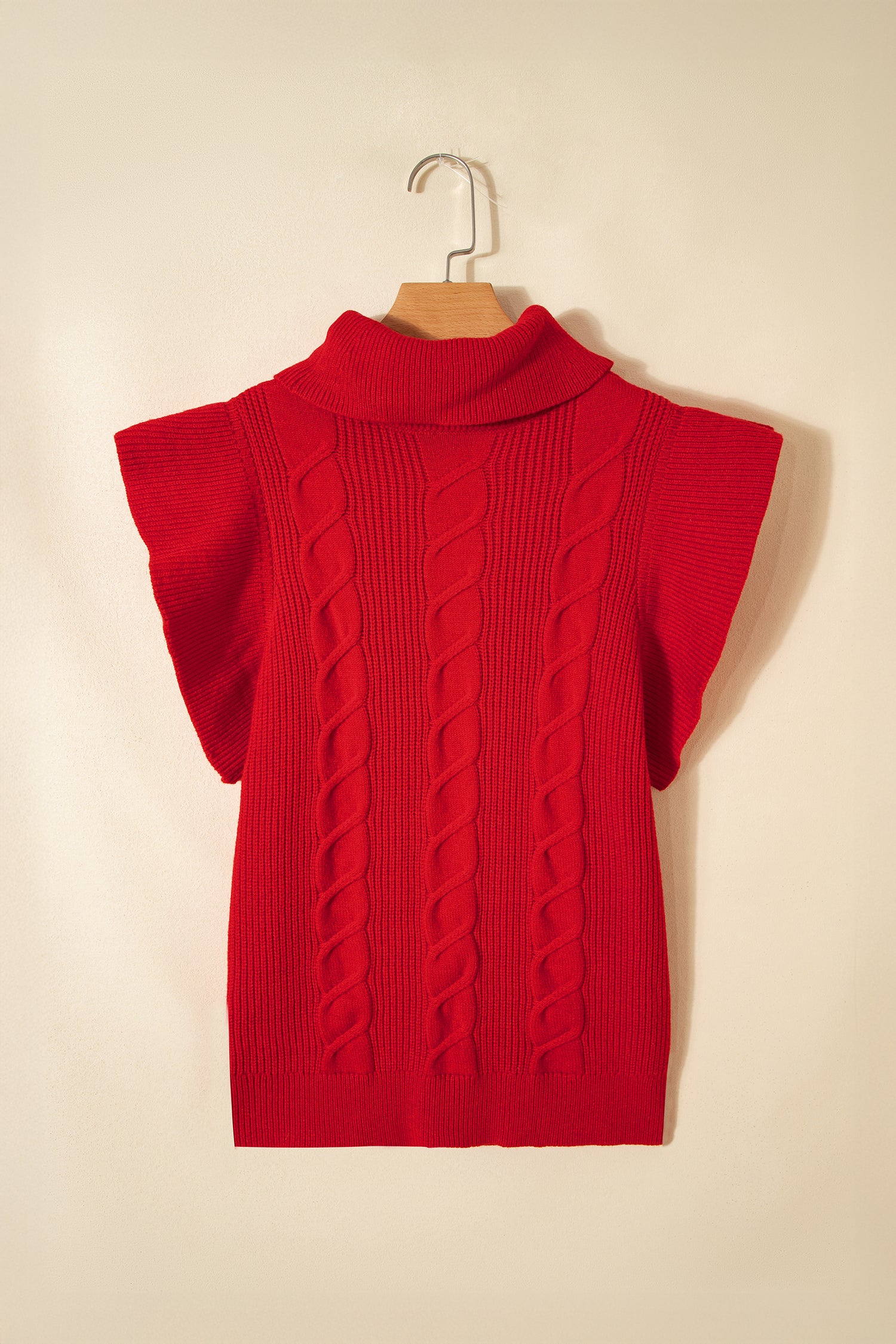 Cable Knit Turtleneck Ruffled Short Sleeve Sweater