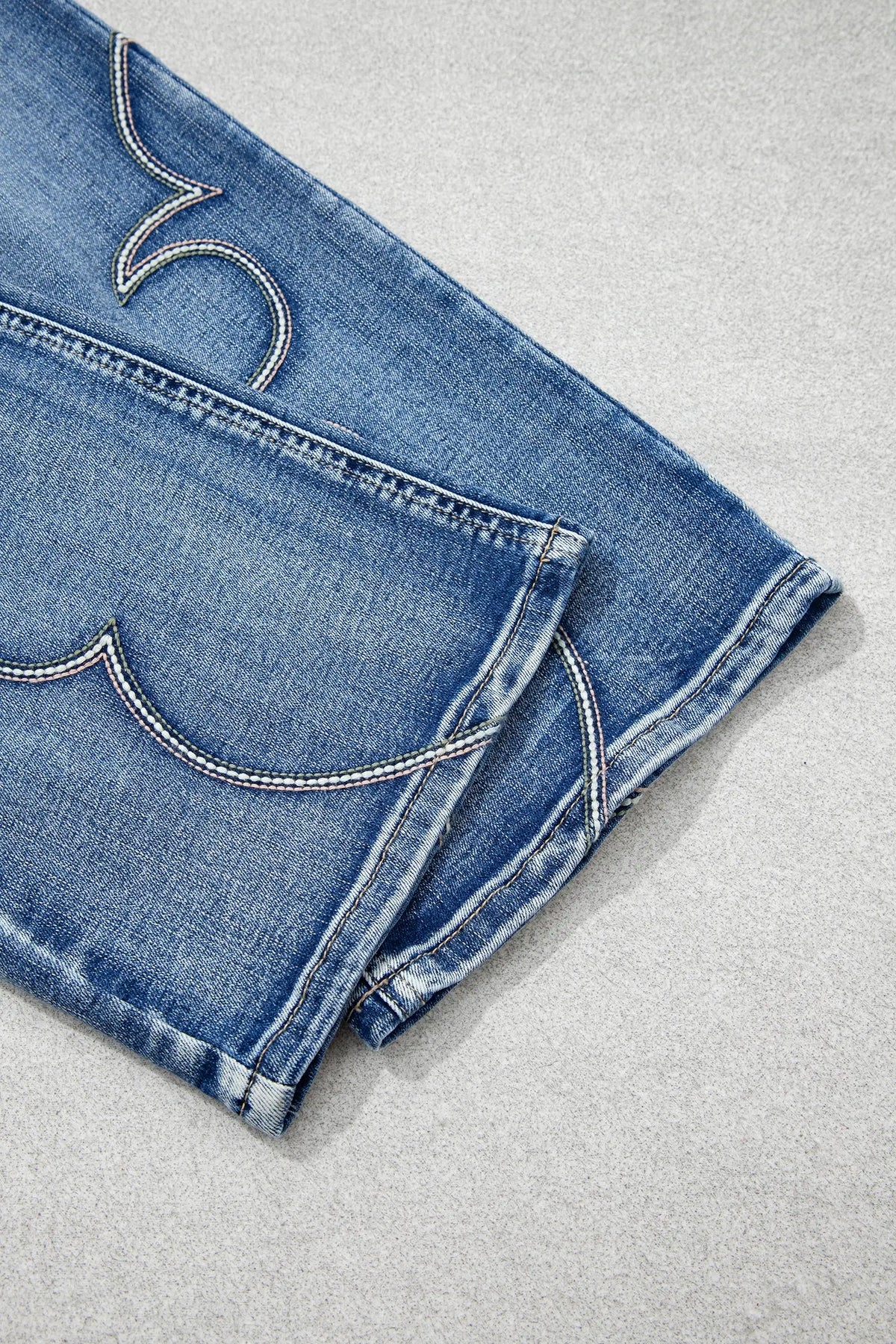 Western Embroidered Flare Full Length Jeans – Blue