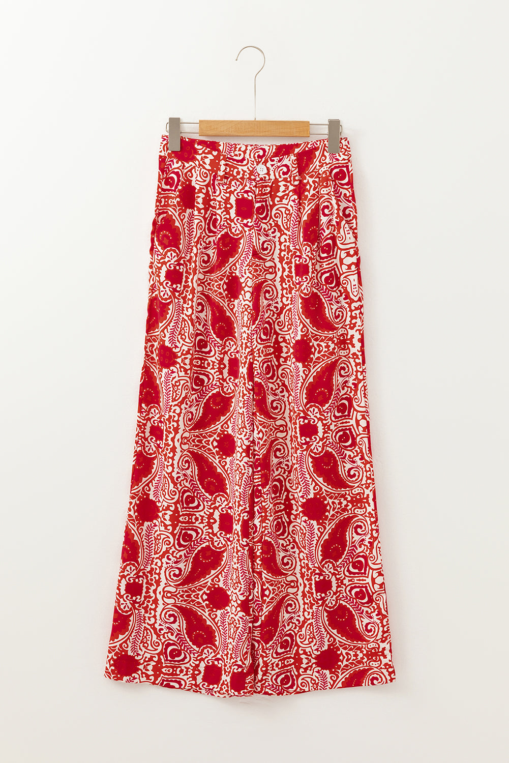 Red Paisley Printed Buttoned High Waist Straight Leg Trousers eAura