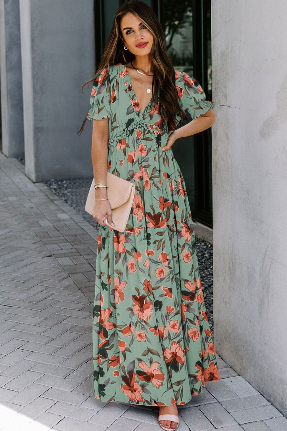 Floral Print Frilled V-Neck Short Sleeve Maxi Dress