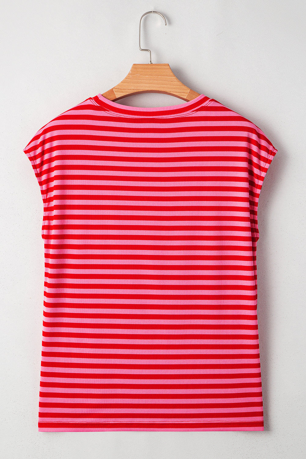 Red Stripe Ribbed Cap Sleeve Round Neck T Shirt - eAura