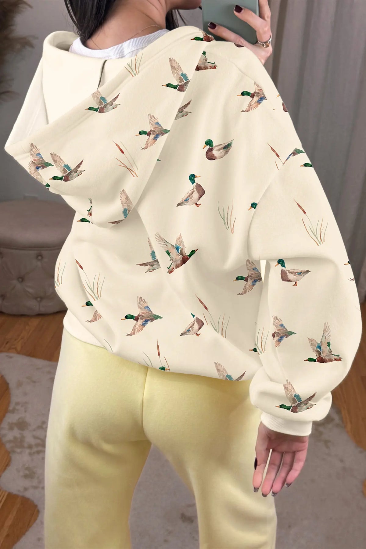 Beige duck print long sleeve zip-up hoodie