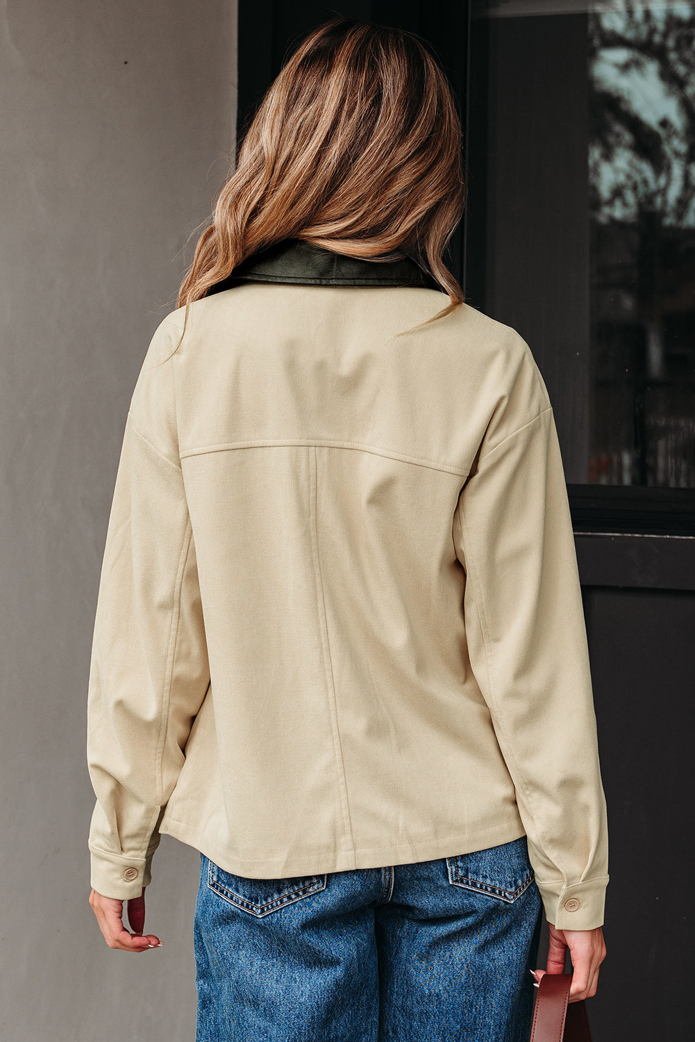 Contrast Faux Leather Collar Textured Zip-Up Jacket - eAura