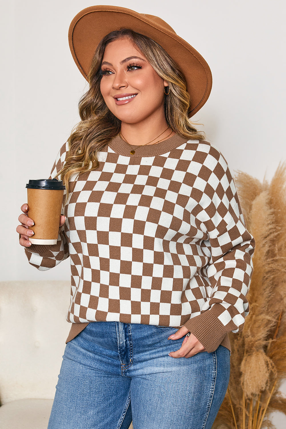 Checkered Contrast Edge Crewneck Plus Size Sweater - eAura