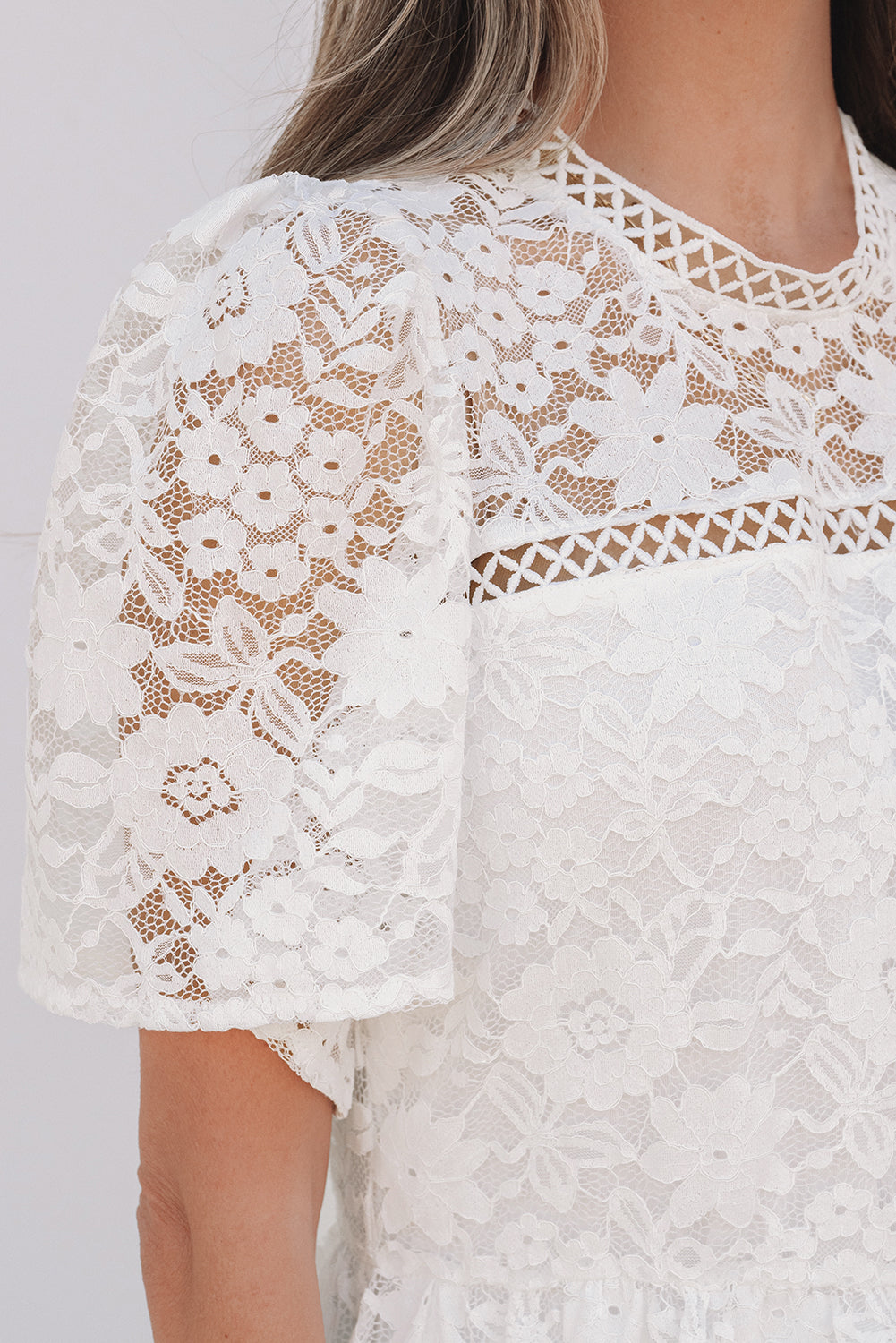 White Short Sleeve Scalloped Floral Lace Peplum Blouse eAura