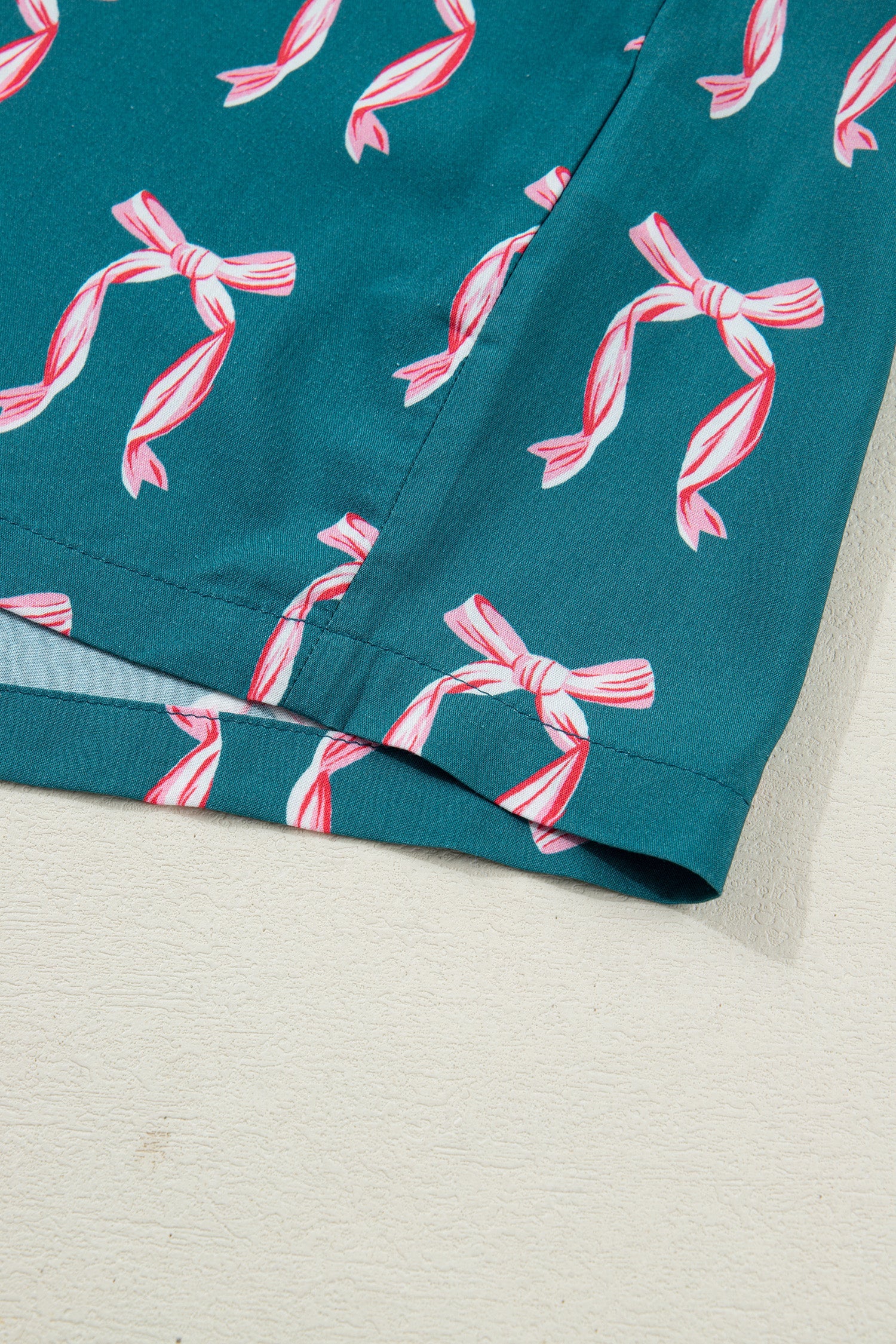 Green Ribbon Bow Print Long Sleeve Shirt and Shorts Pyjama Set - Loungewear & Sleepwear/Sleepwear