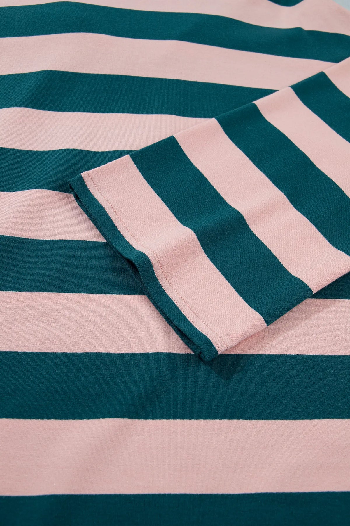Quarter-Zip Metal Zipper Cover Stitch Hem Top – Green Stripe