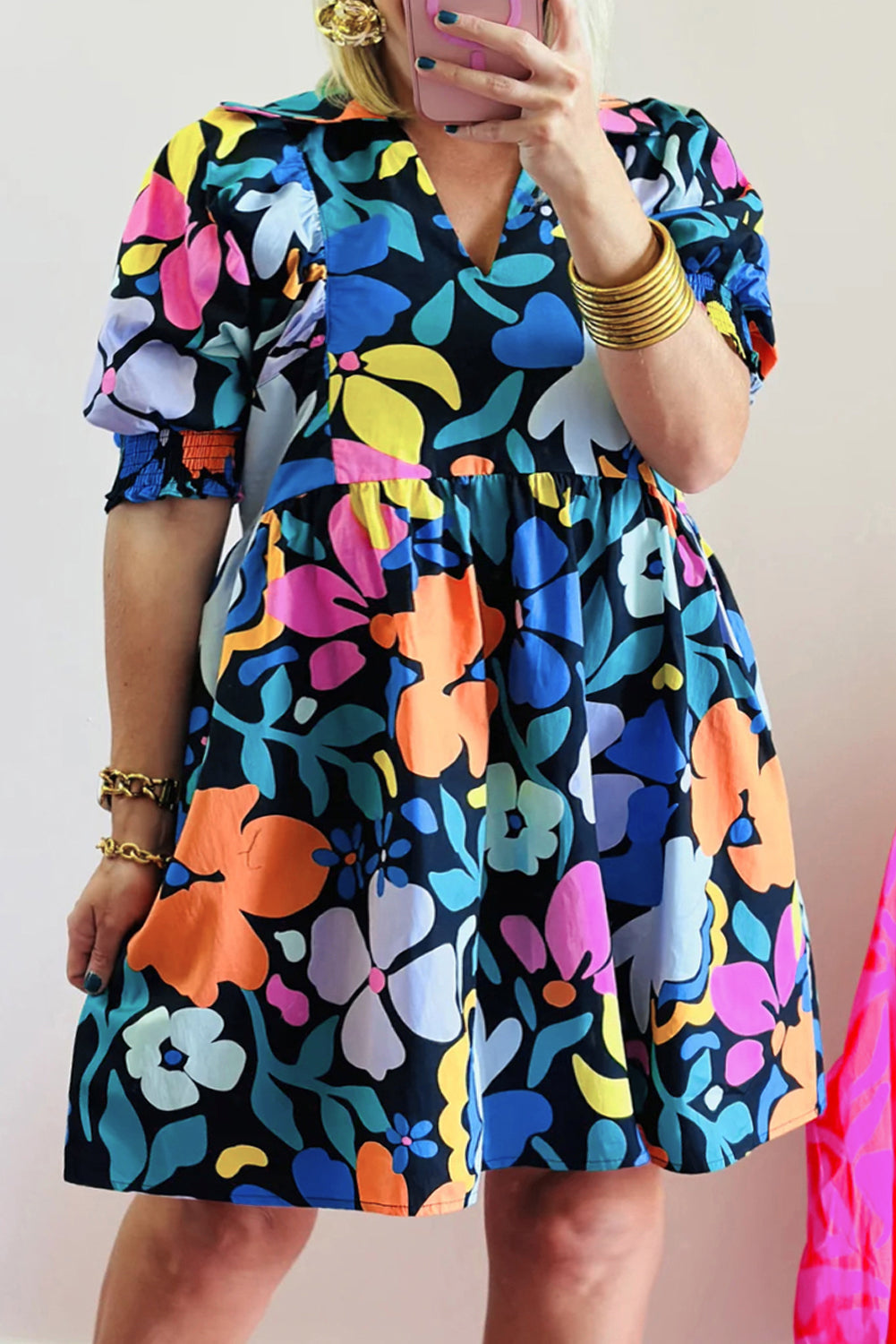 Blue Split Neck Collared Plus Floral Dress BB Fashion Outlet