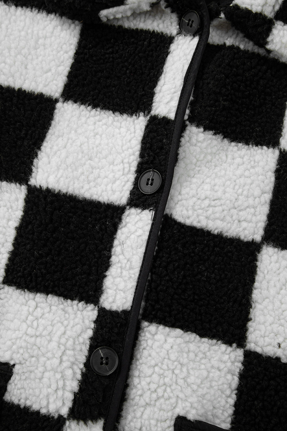 Black Checkered Side Pockets Collared Buttoned Fleece Jacket eAura