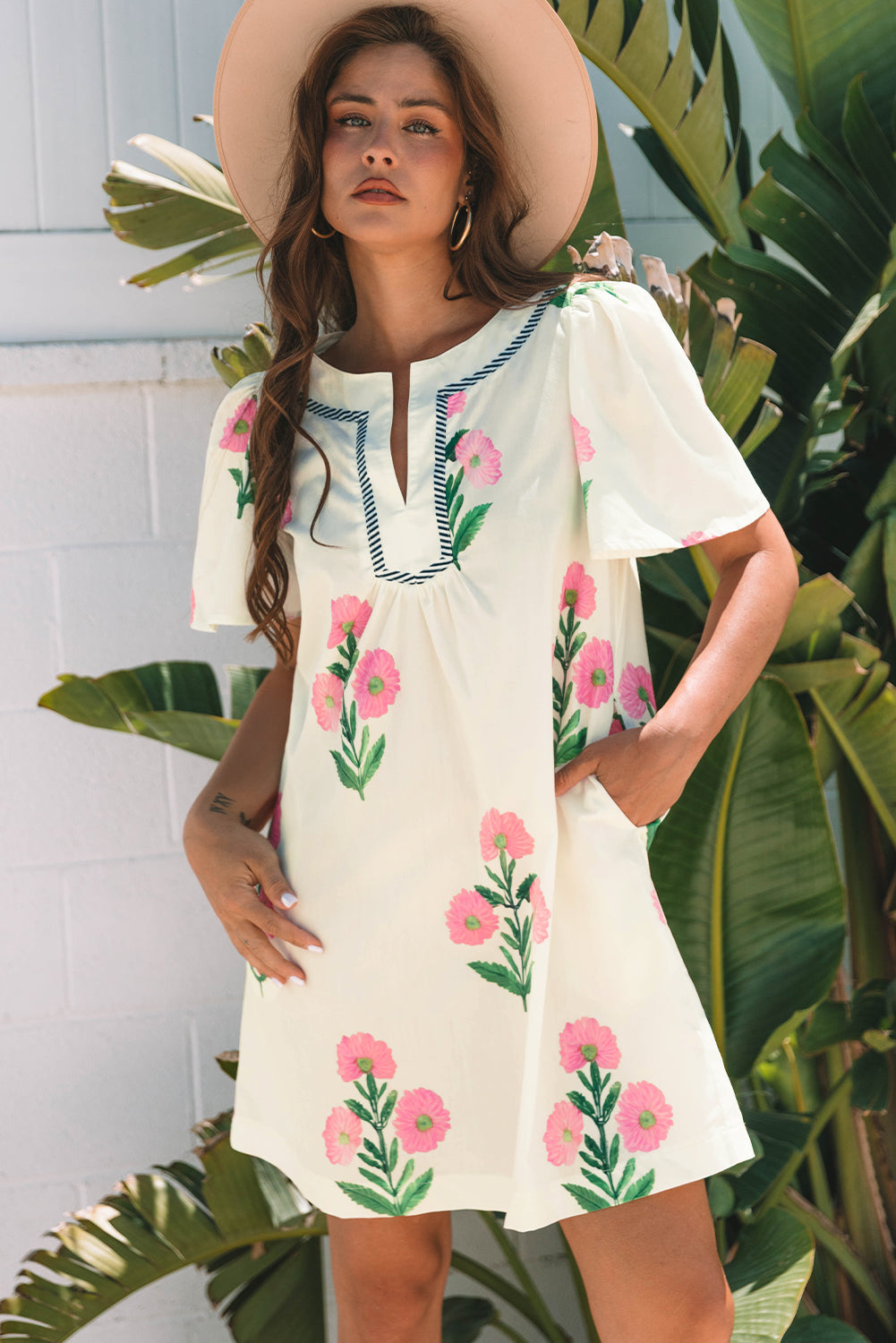 Floral Short Sleeve Split Neck Loose Mini Dress eAura