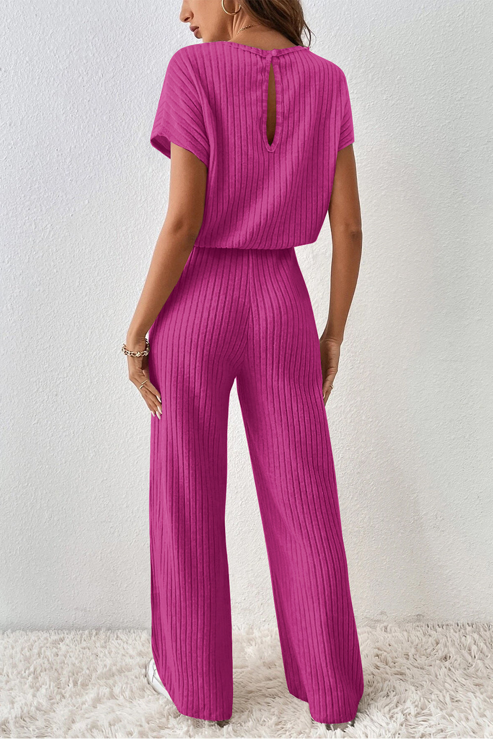 Black Solid Colour Ribbed Short Sleeve Wide Leg Jumpsuit eAura