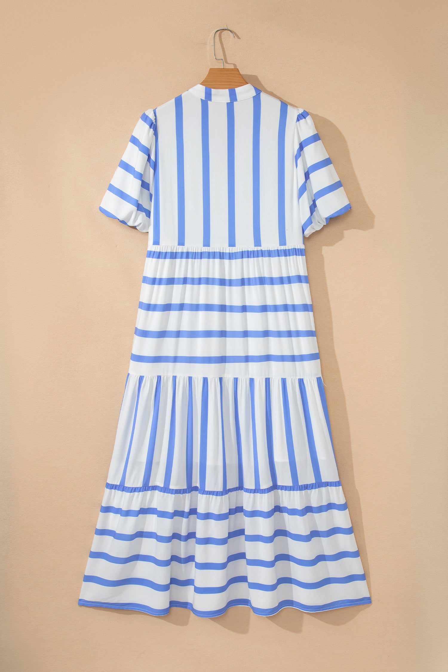 Green Stripe Ricrac Trim Notched Neck Vacation Midi Dress