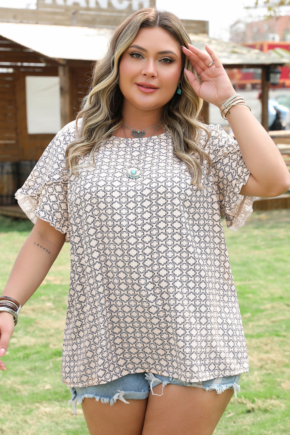 Khaki Plus Size Geometric Print Ruffled Sleeve Blouse BB Fashion Outlet