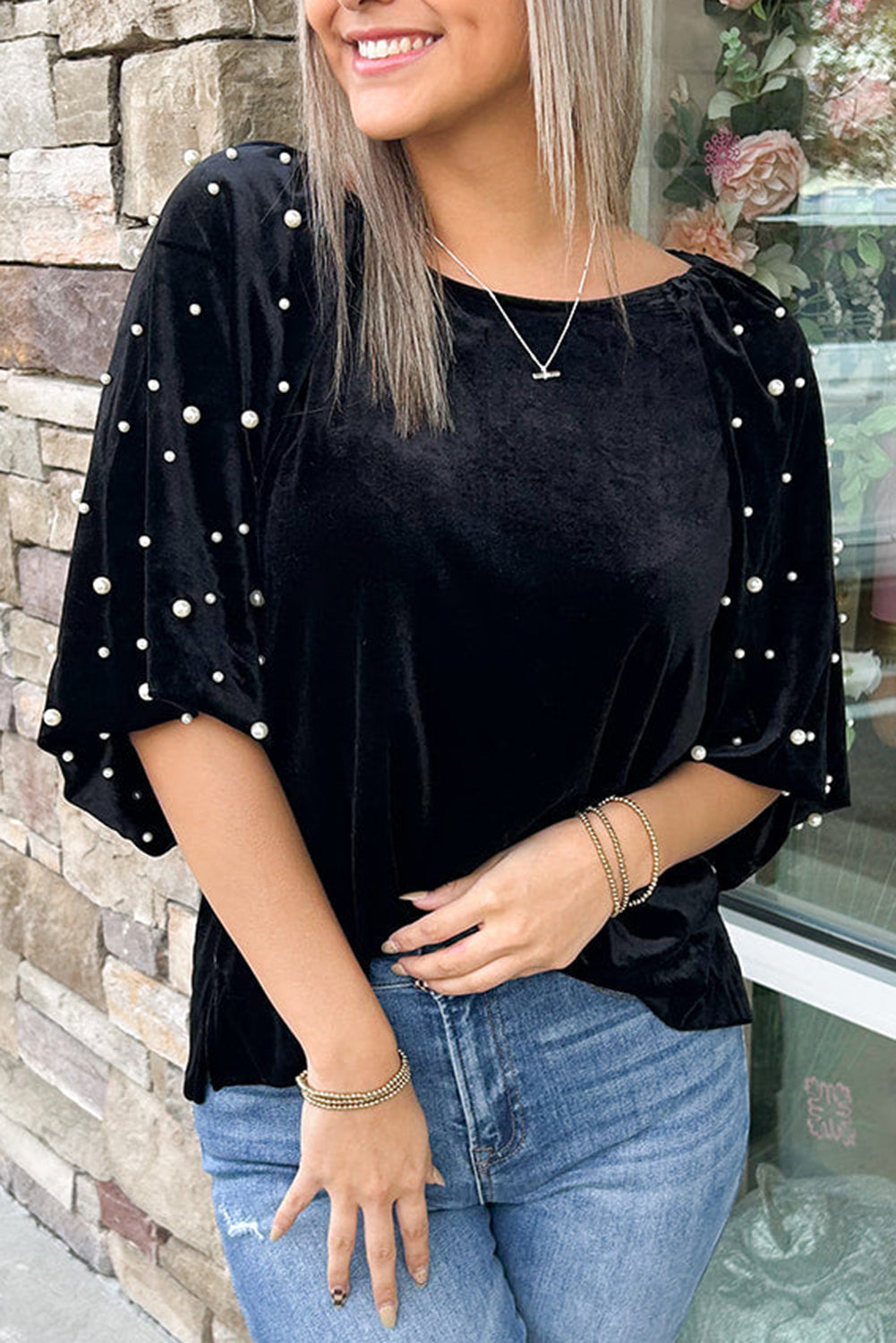 Black Pearl Beaded Half Sleeve Velvet Top eAura