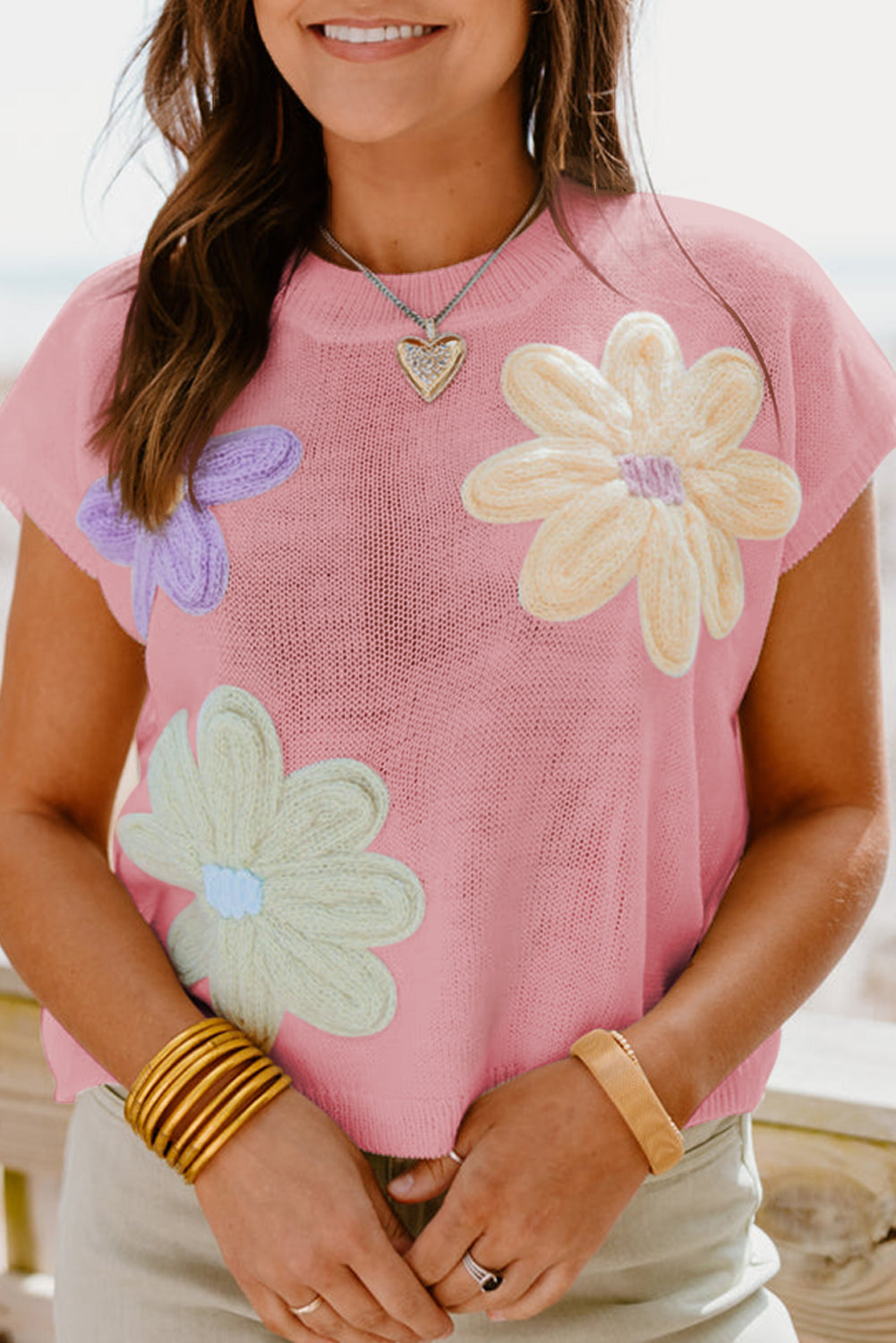Pink Multi Crochet Flower Knit Short Sleeve Sweater Top eAura