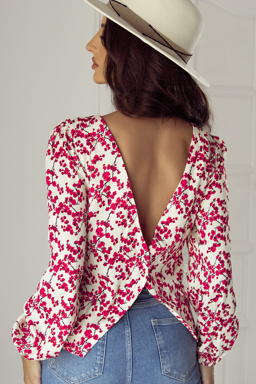 Red Floral Print Long Sleeve Open Back Blouse eAura
