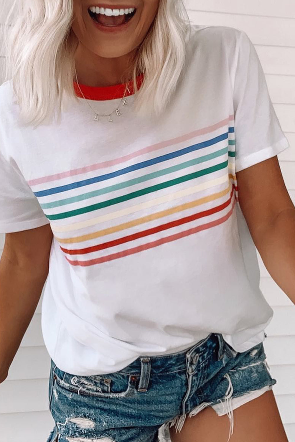 White Rainbow Stripe Print Contrast Crewneck T Shirt eAura