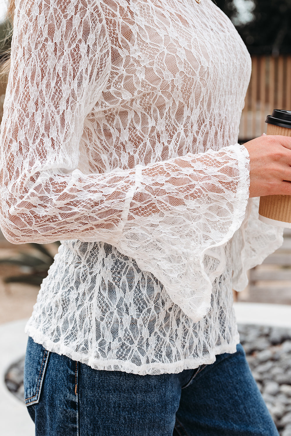 White Sheer Lace Bell Sleeve Mock Neck Blouse - eAura