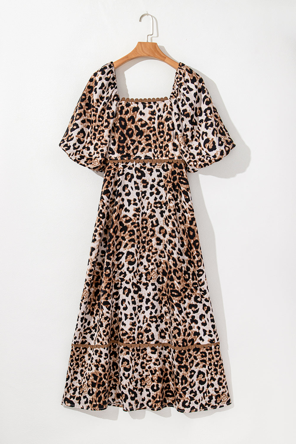 Brown Leopard Print Bubble Sleeve Square Neck Maxi Dress - Dresses/Maxi Dresses