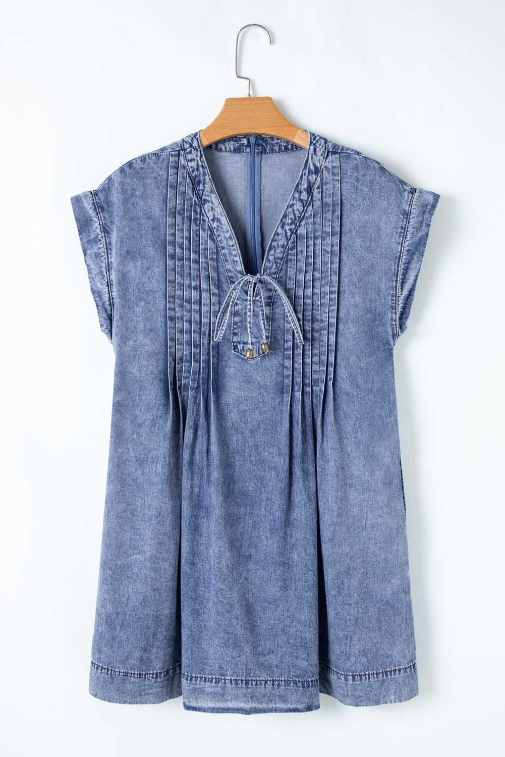 Beau Blue Tie V-Neck Tucking Detail Short Sleeve Denim Shift Dress - eAura