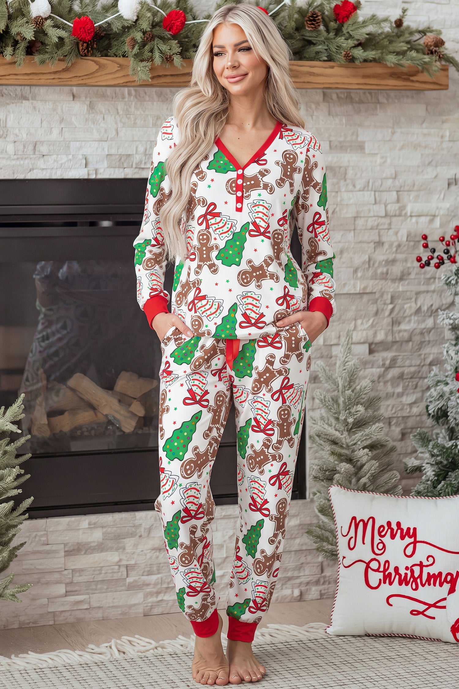 White Christmas Pattern Button V-Neck Pyjamas