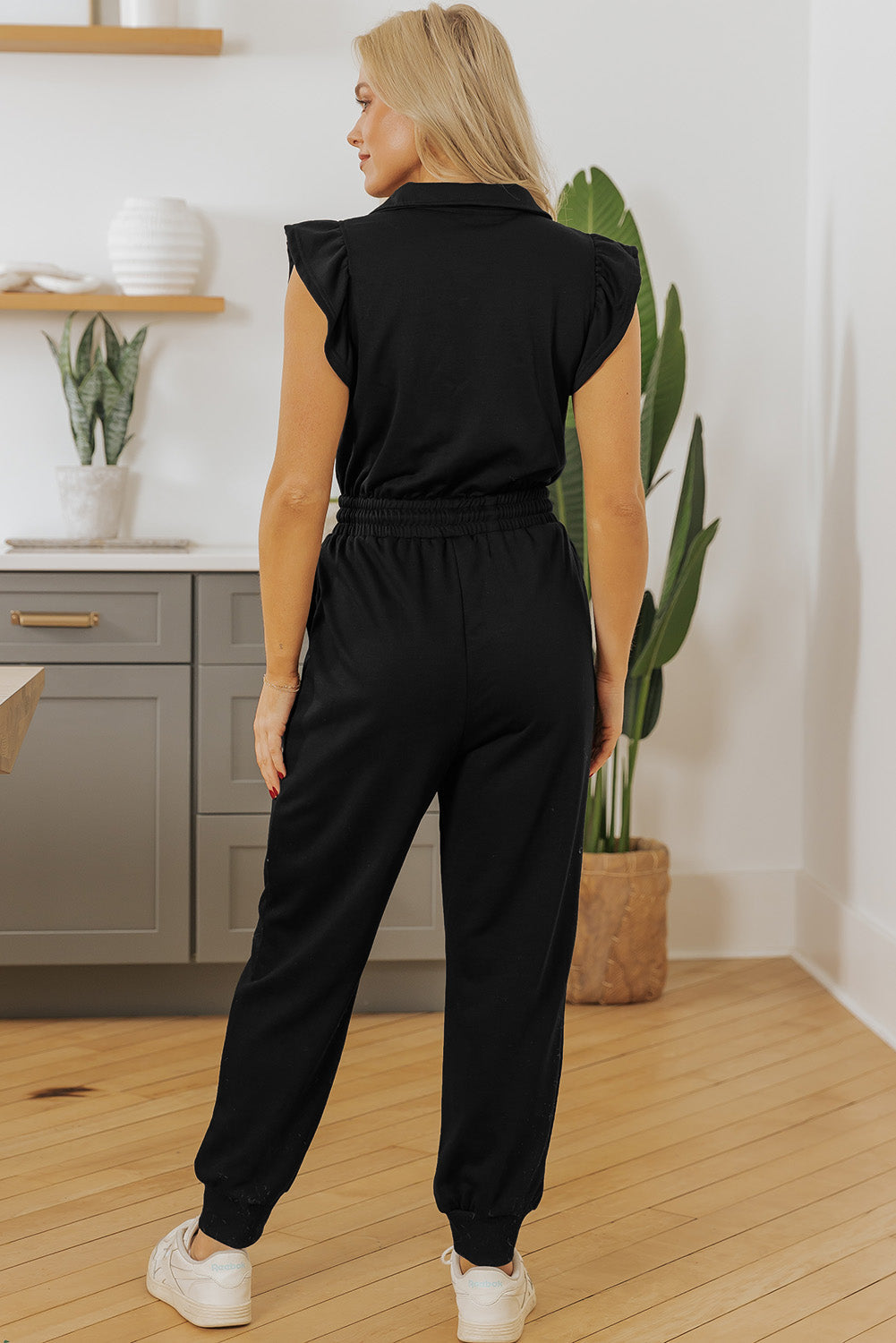 Black Zipper Flutter Sleeve Drawstring High Waist Jumpsuit eAura