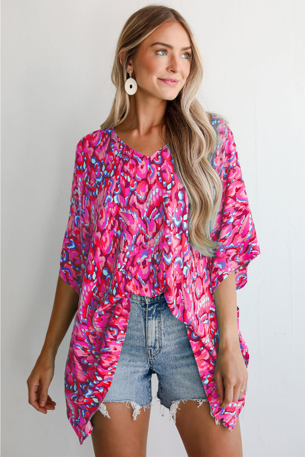 Pink Abstract Print V Neck Half Sleeve Loose Fit Tunic Blouse eAura