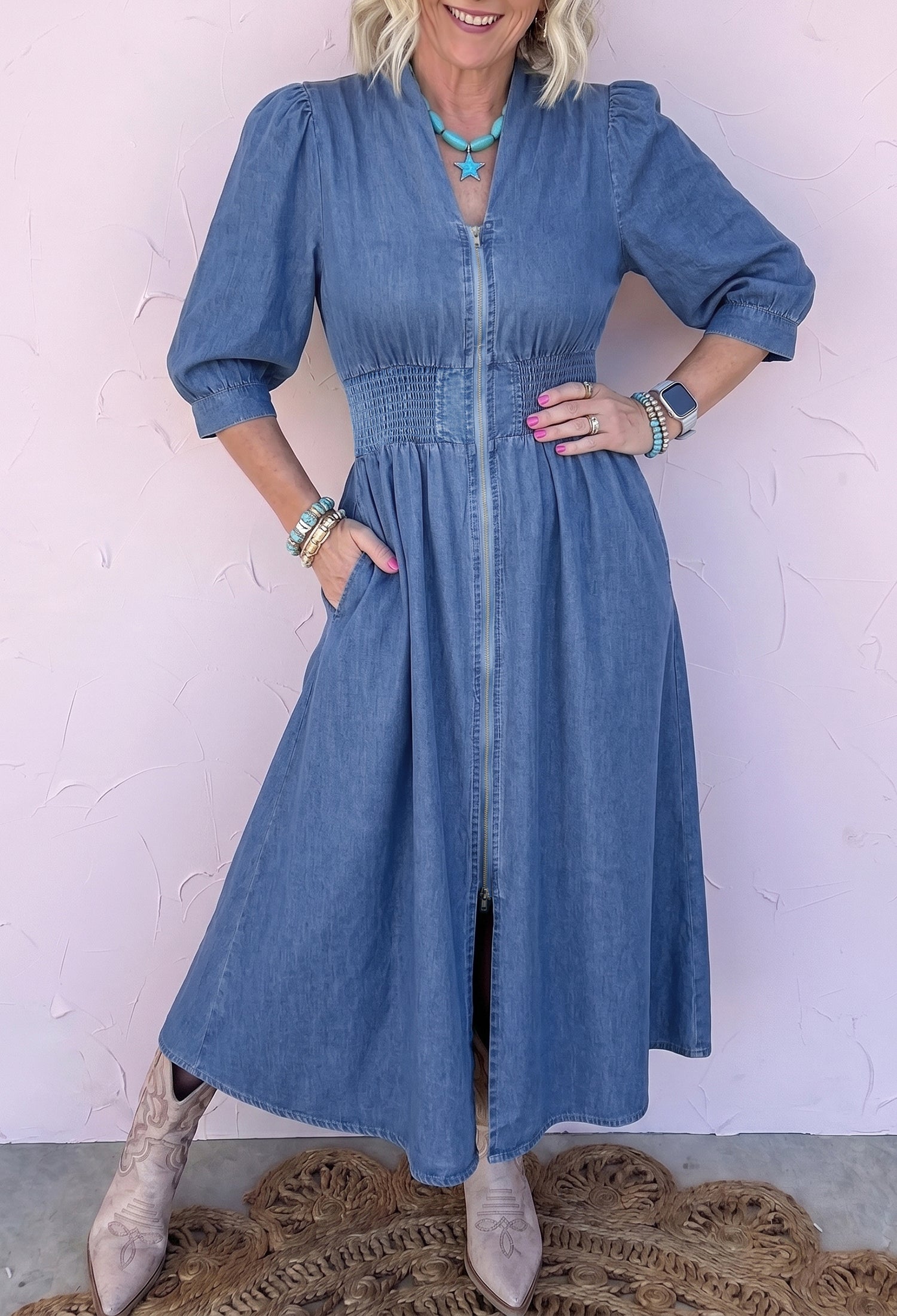 V Neck Shirred Waist Metal Zipper Denim Midi Dress – Blue