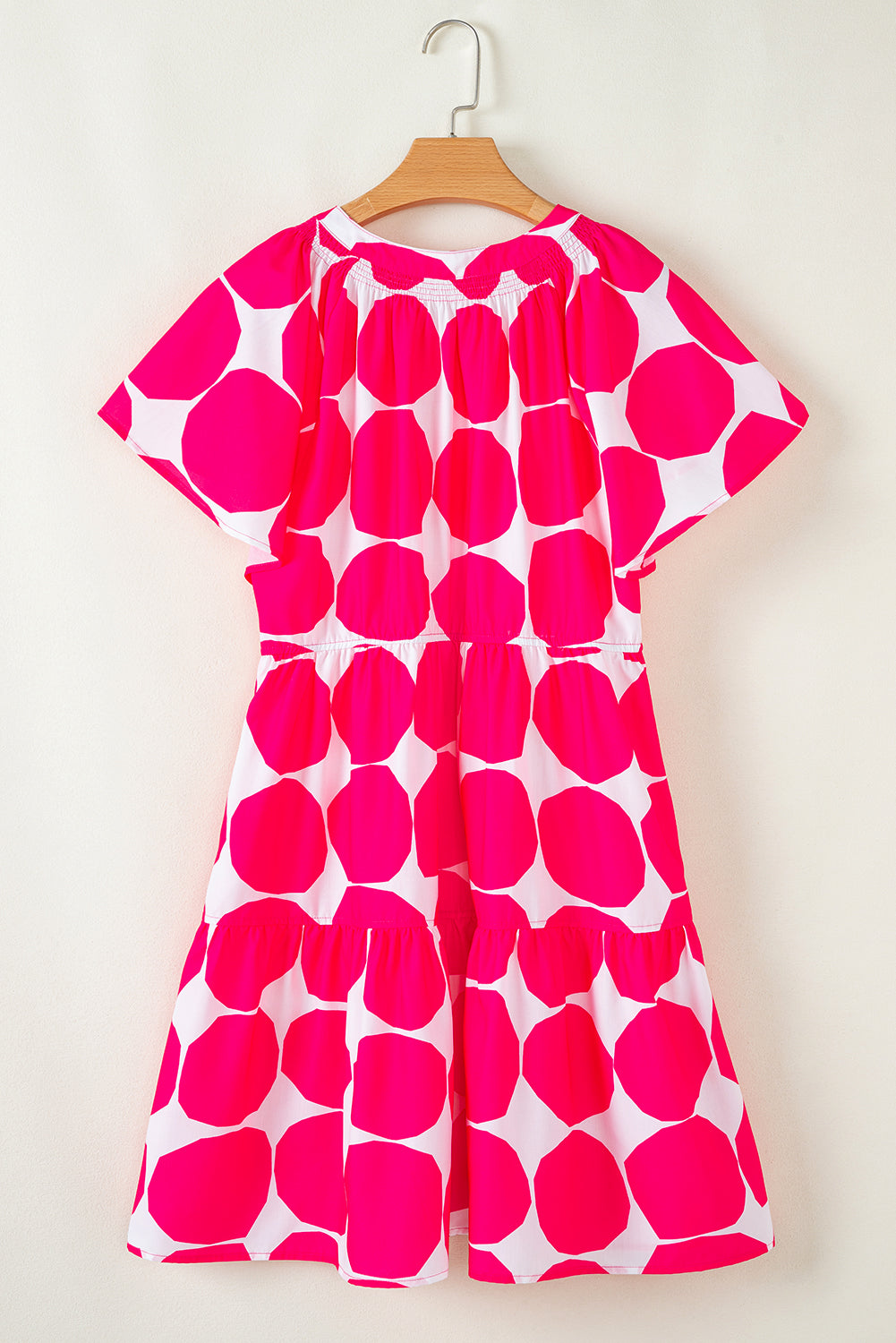 Rose Polka Dot Flutter Sleeve Notched Neck Tiered Flowy Dress - eAura