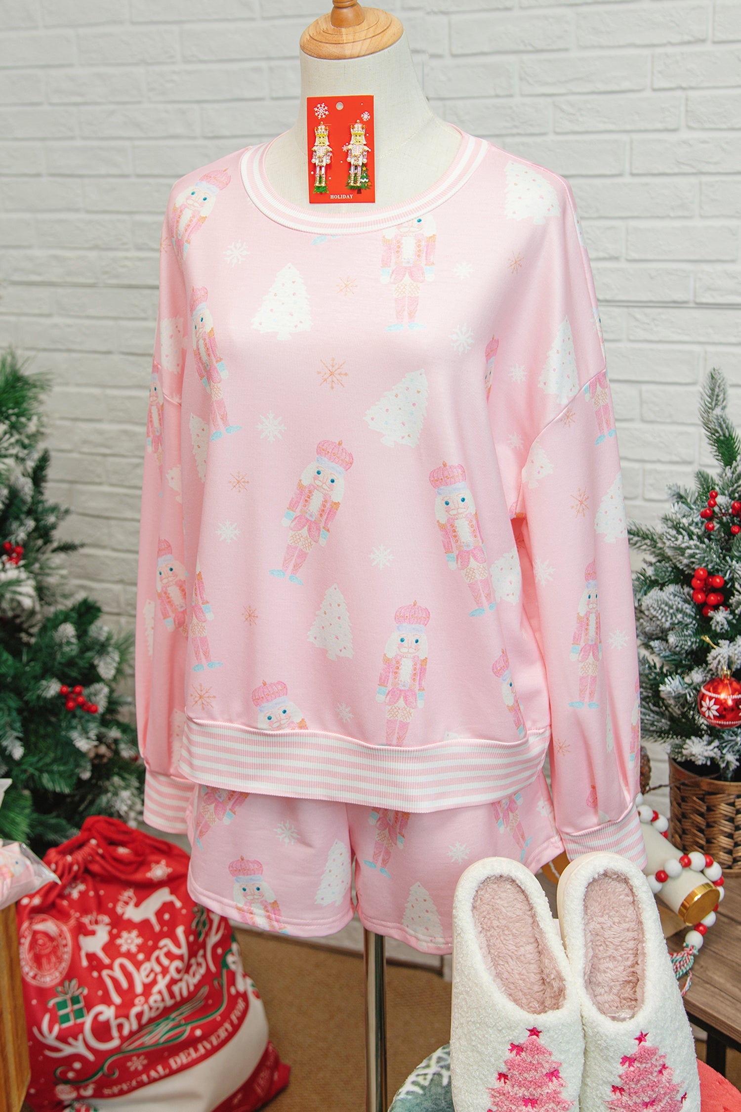 Pink Christmas Tree Nutcracker Doll Print Contrast Trim Long Sleeve Top Matching Shorts Set - Two Piece Sets/Short Sets
