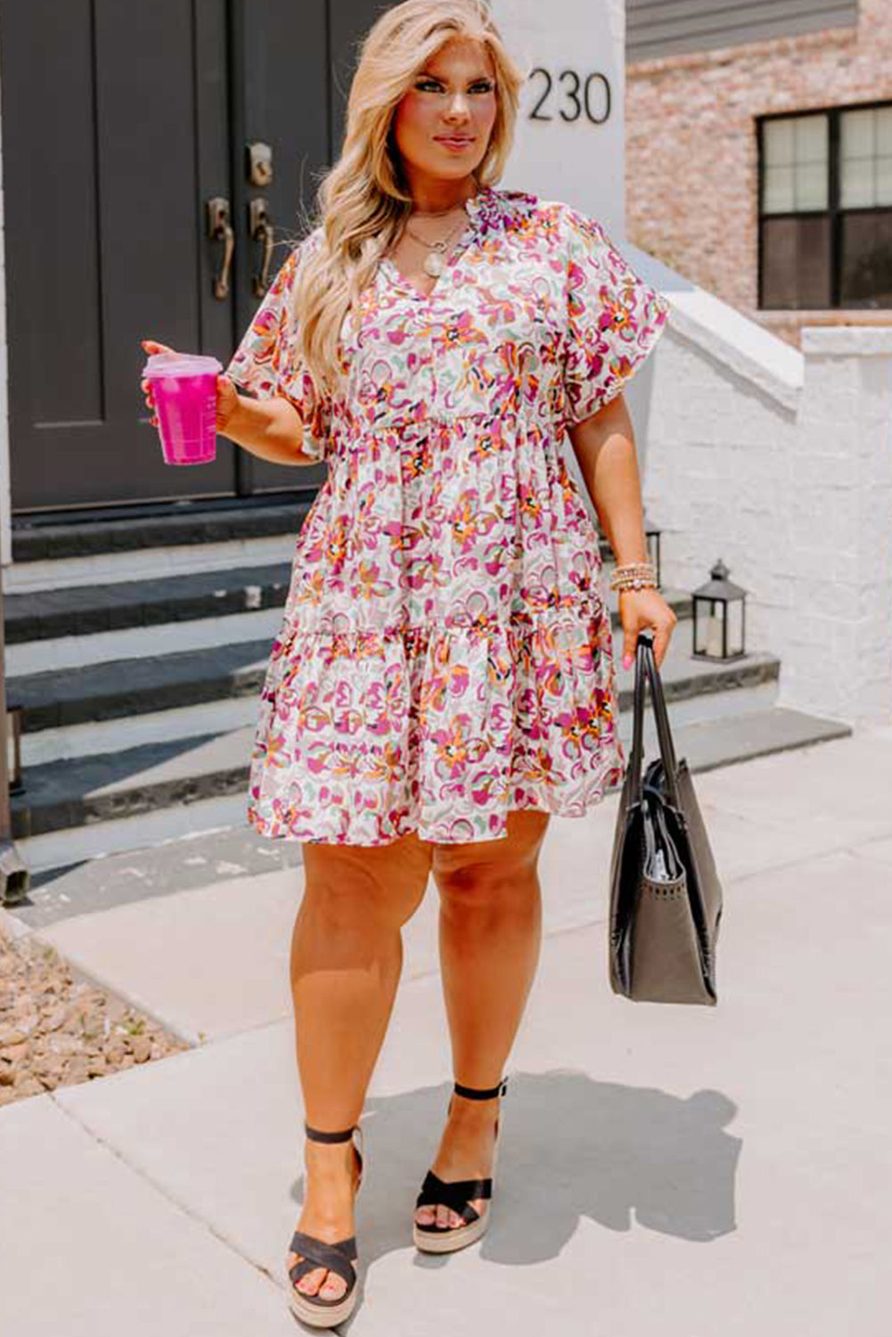 White Abstract Print V Neck Short Sleeve Ruffled Plus Size Mini Dress BB Fashion Outlet