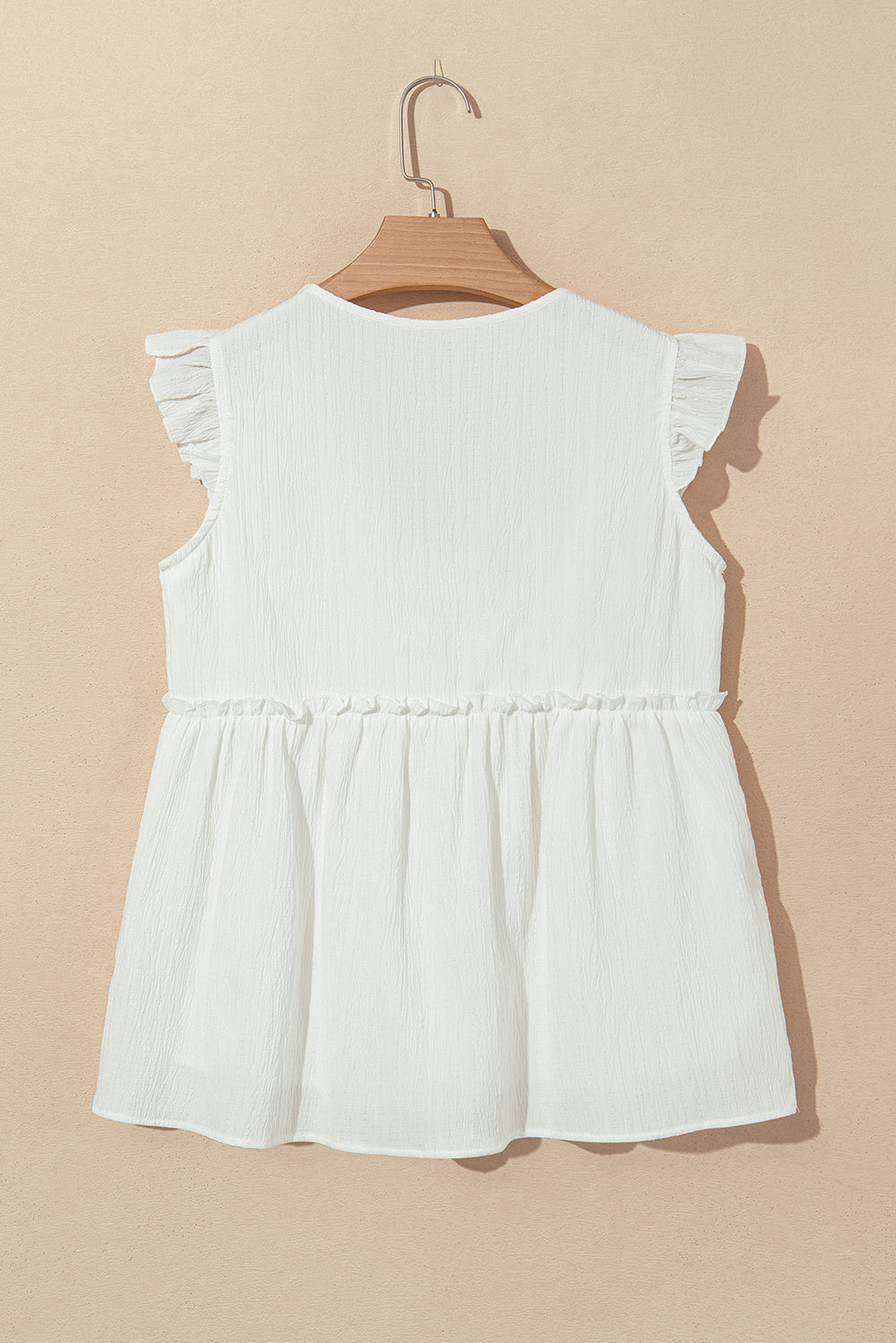 White Textured Ruffled Trim V Neck Flutter Flowy Top eAura