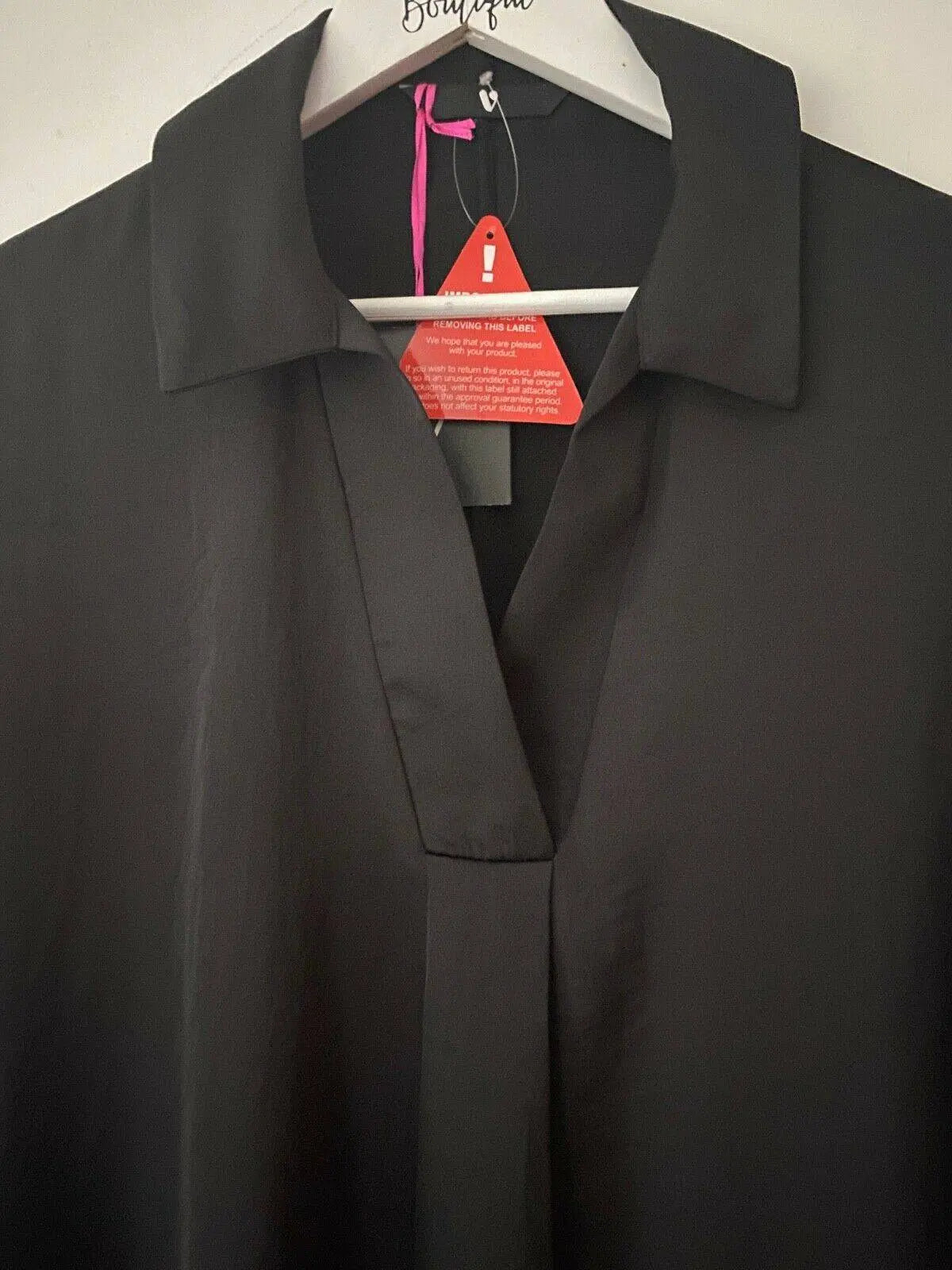 Very Black Satin Type Collared V-Neck Blouse Size 8 - Beagle Boutique Fashion Outlet