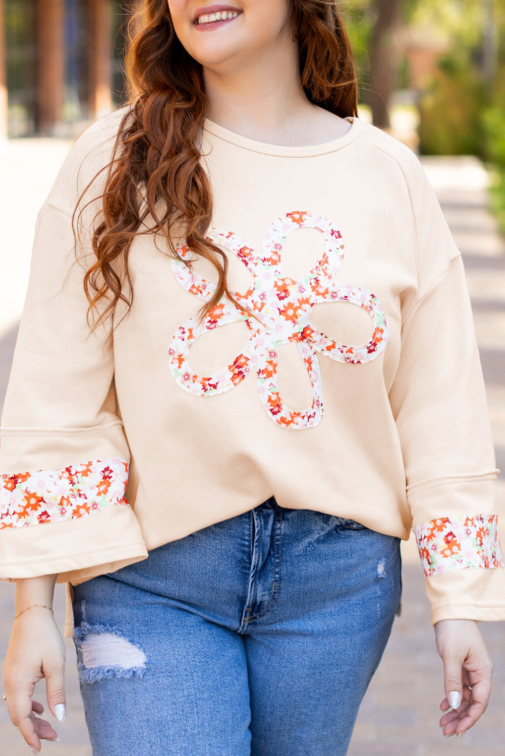 Beige Plus Size Flower Patched Side Slits Crewneck Top BB Fashion Outlet