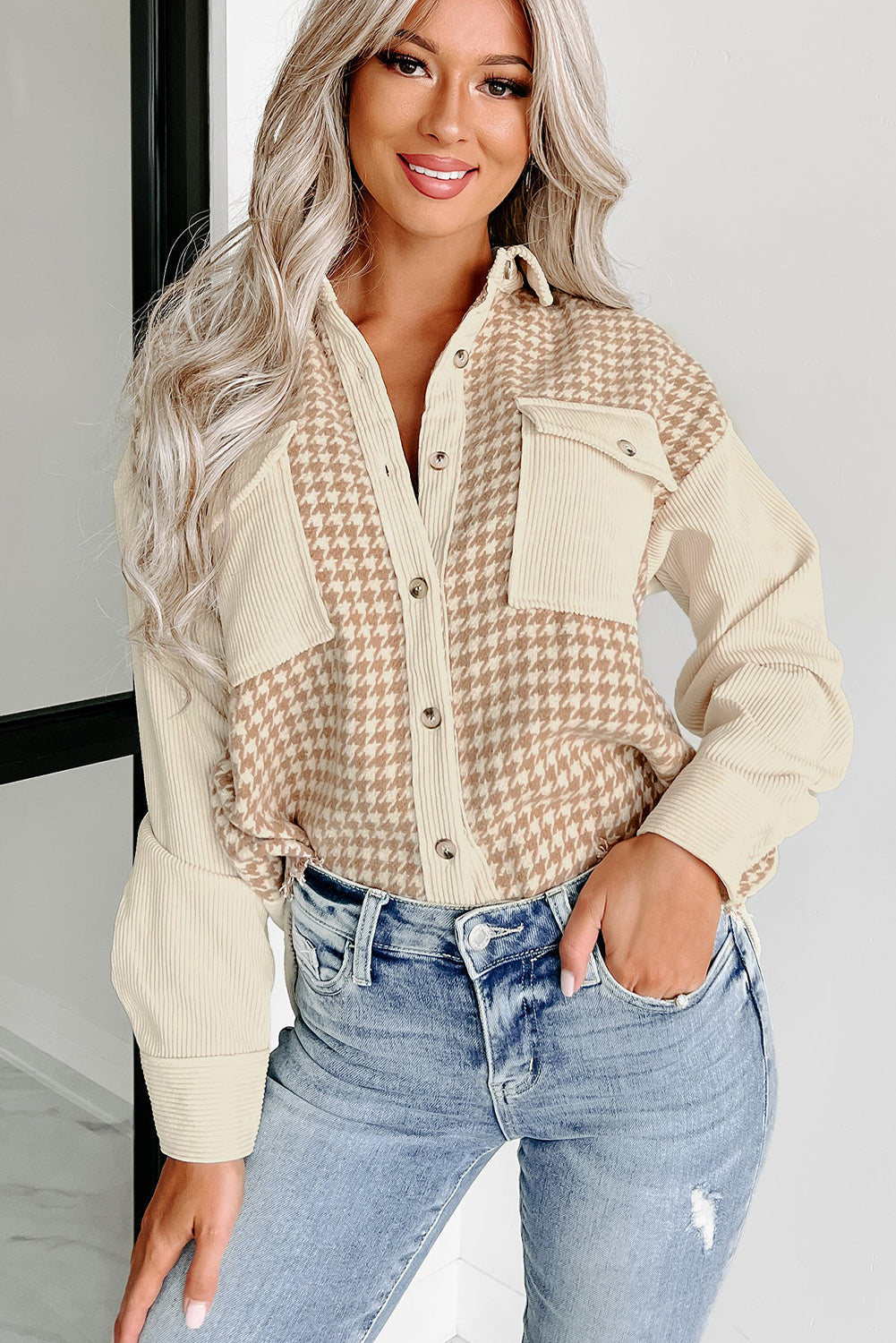 Parchment Houndstooth Corduroy Patchwork Flap Pocket Shacket Beagle Boutique Fashion Outlet