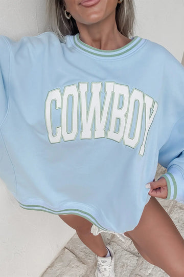 Embroidered Cowboy Letter Print Long Sleeve Round Neck Sweatshirt – Beau Blue