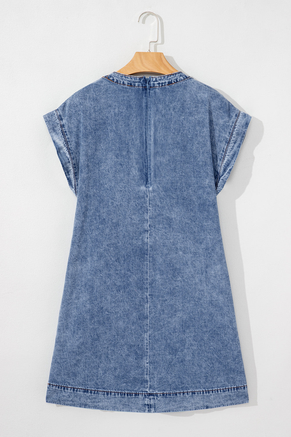 Beau Blue Tie V-Neck Tucking Detail Short Sleeve Denim Shift Dress - eAura