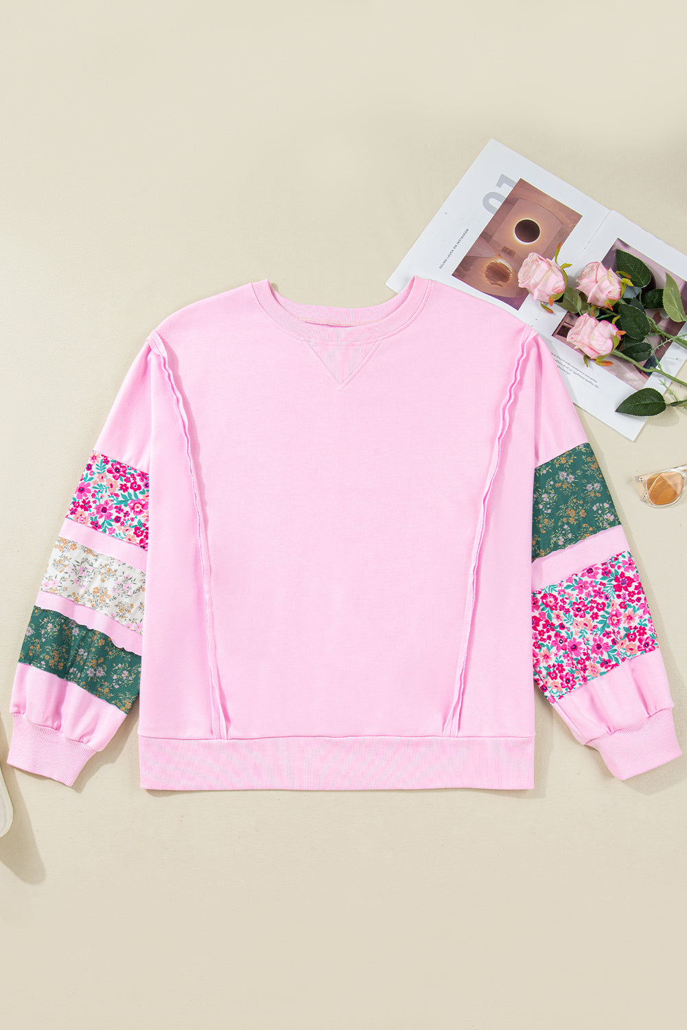 Pink Plus Size Mix Floral Patched Sleeve Ribbed Trim Oversized Sweatshirt - eAura
