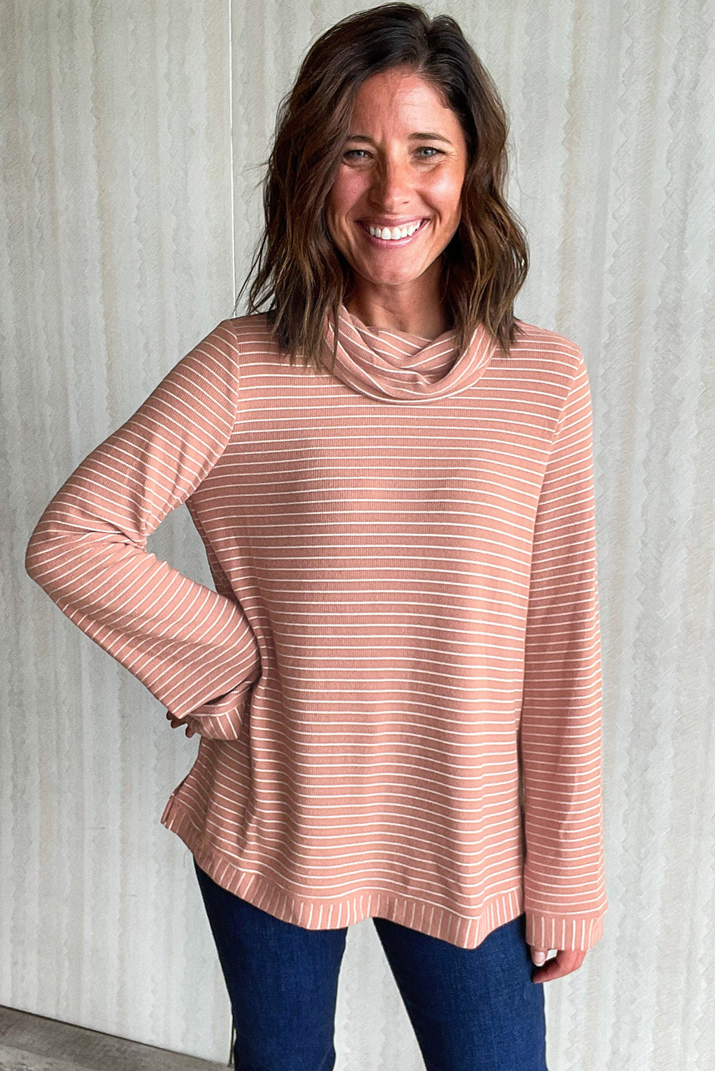 Pink Stripe Cowl Neck Side Slits Loose Fit Long Sleeve Top eAura