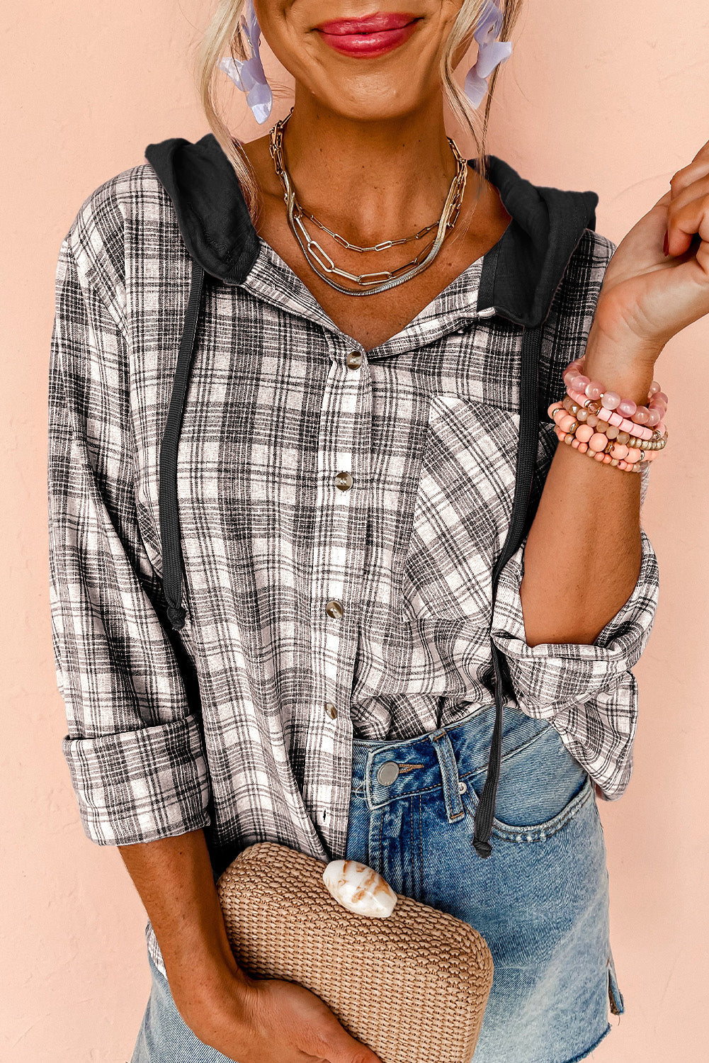 Black Checkered Print Loose Fit Buttoned Hooded Shacket eAura