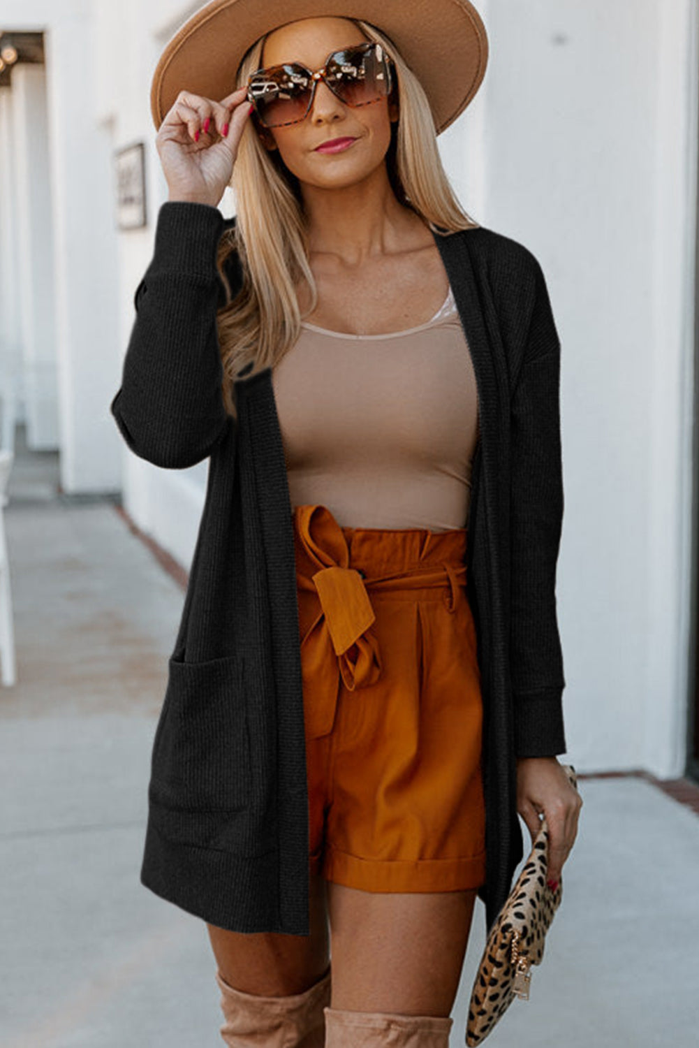 Black Thermal Waffle Knit Pocketed Cardigan eAura