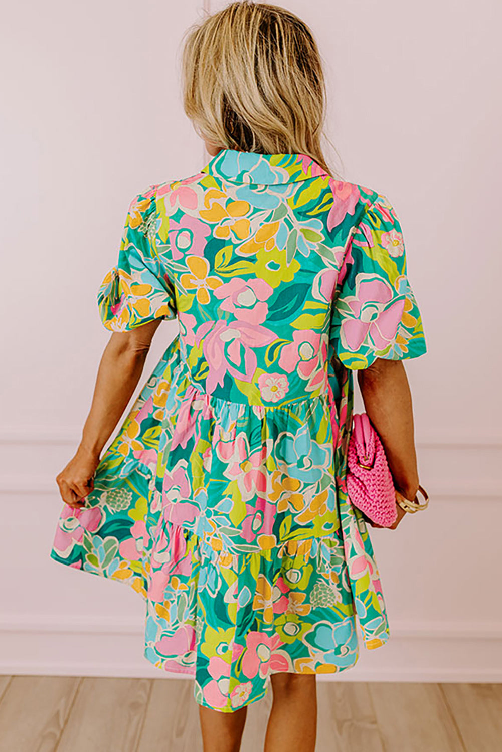 Green Floral Puff Sleeve Collar Buttoned Babydoll Dress eAura