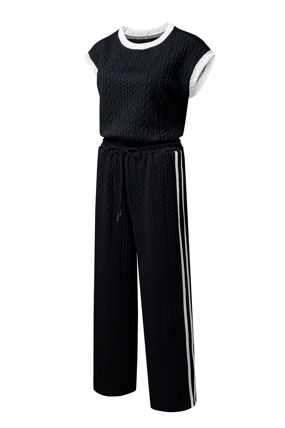 Black Cable Knit Contrast Trim Short Sleeve Top and Trousers Set eAura