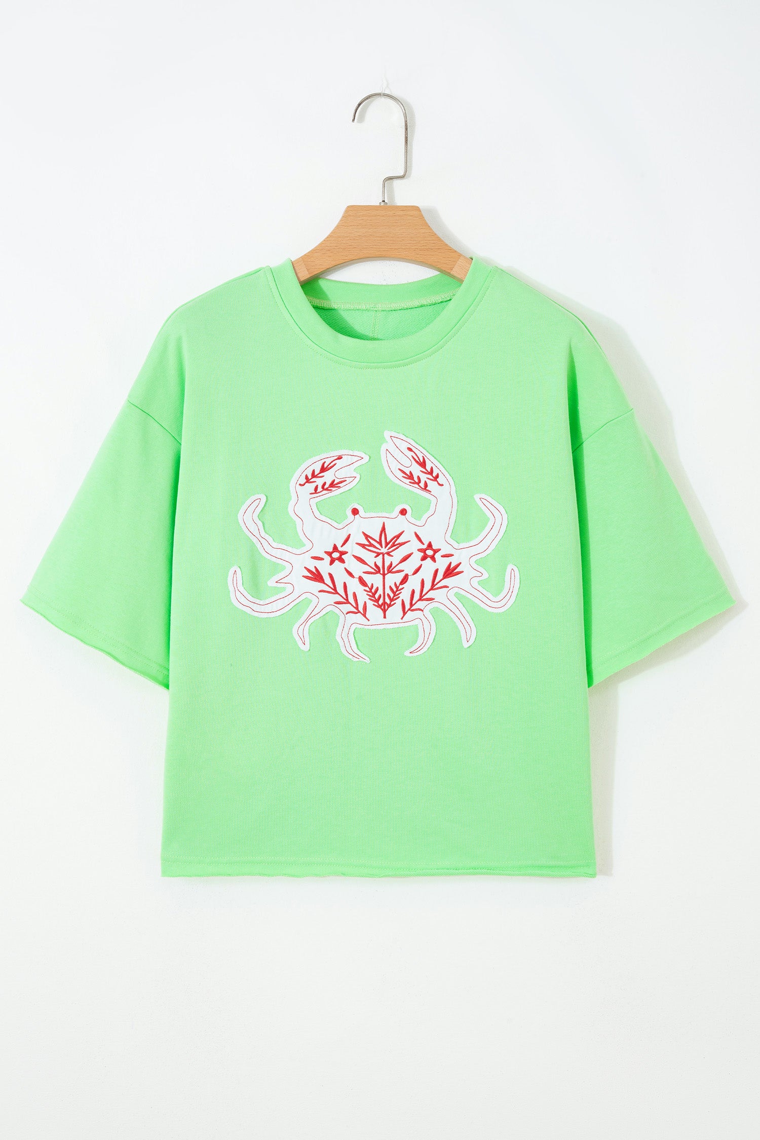 Crab Embroidered Patch Loose Round Neck Tee – Bright Green