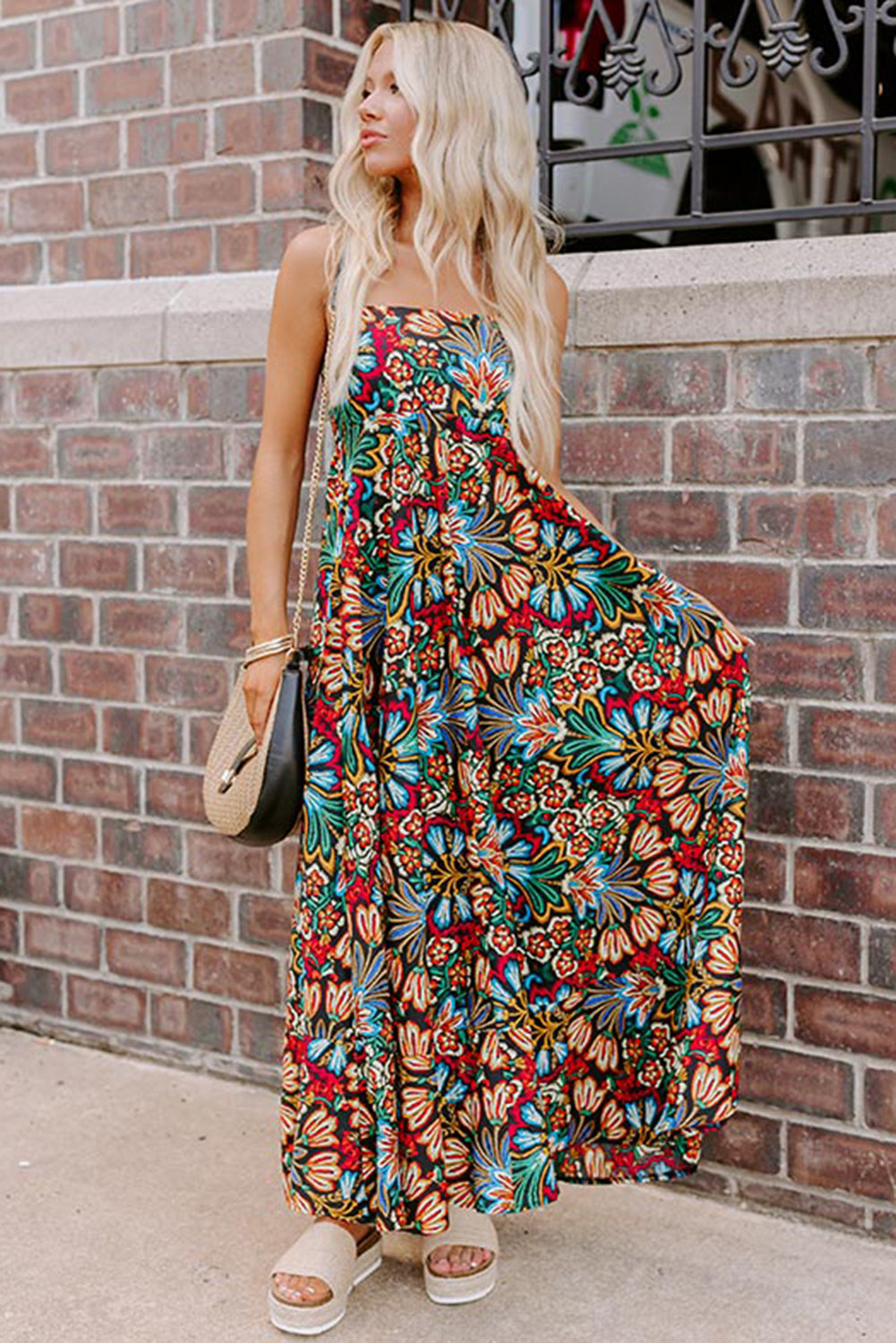 Black Boho Floral Print Thin Straps Sleeveless High Waist Maxi Dress eAura