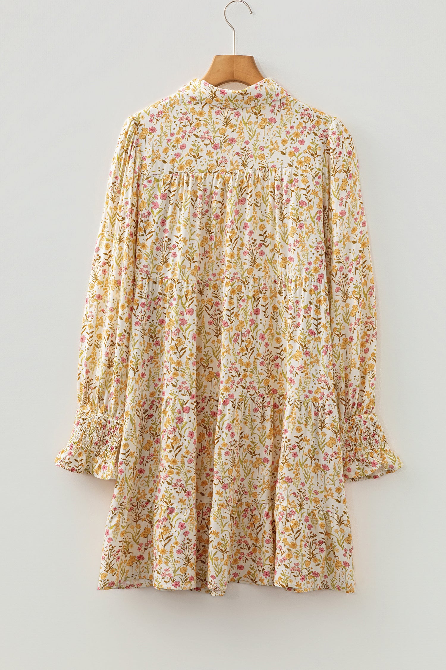 Yellow Floral Print Frilly Trim Smocked Cuff Long Sleeve Oversized Shirt Dress