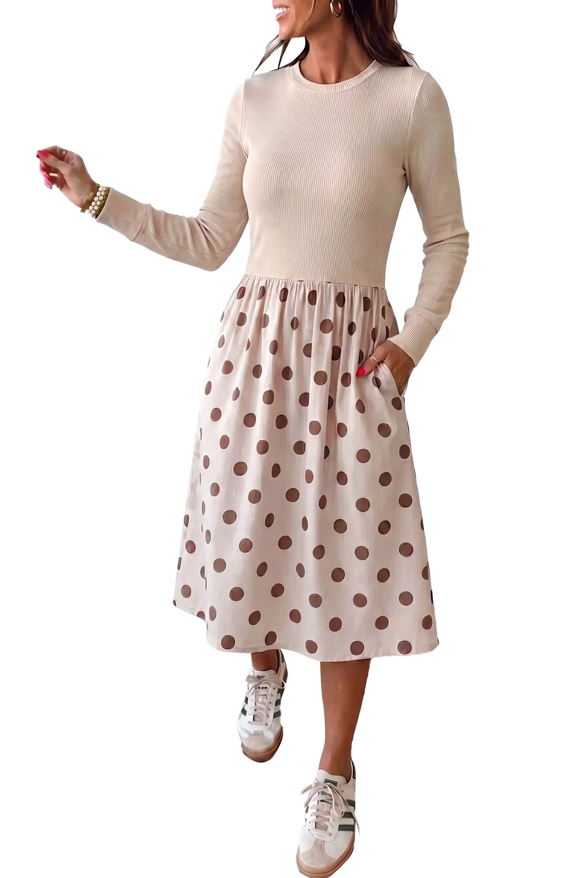 Polka Dot Midi Long Sleeve Dress – Beige