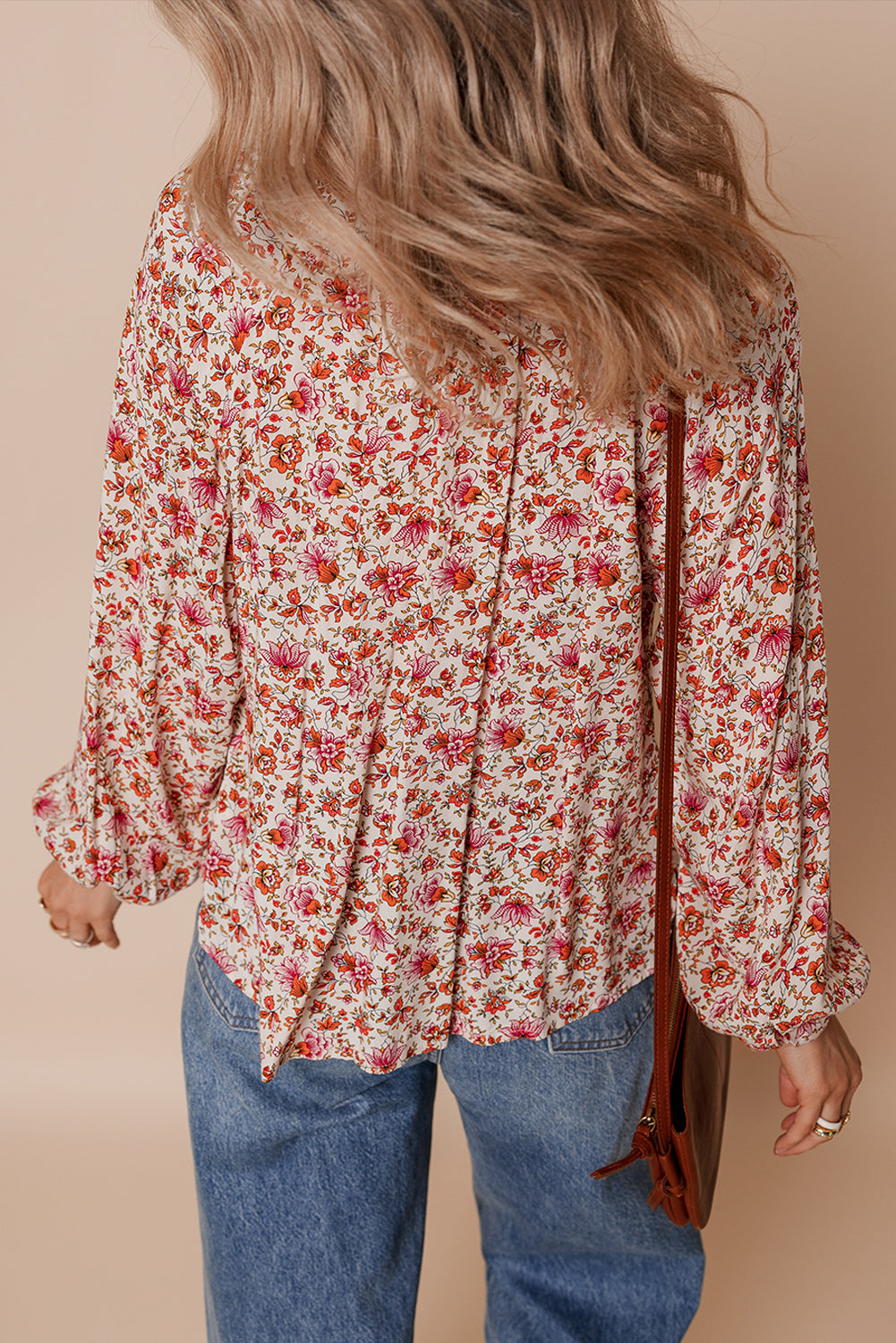 Red Floral Print Pleated Detail Notched Neck Puff Sleeve Blouse - eAura