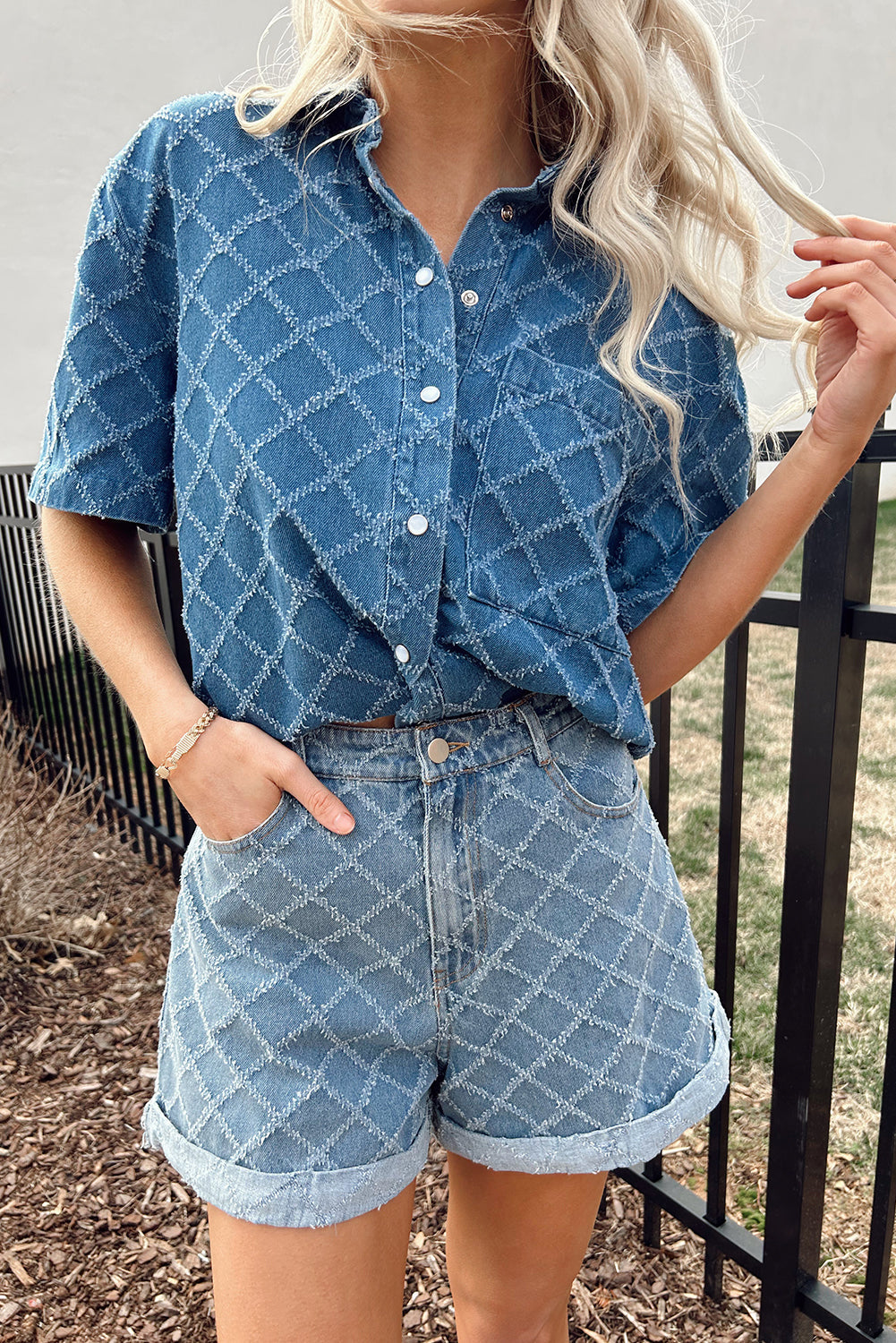 Dusk Blue Checkered Textured Short Sleeve Patched Pocket Denim Shirt eAura