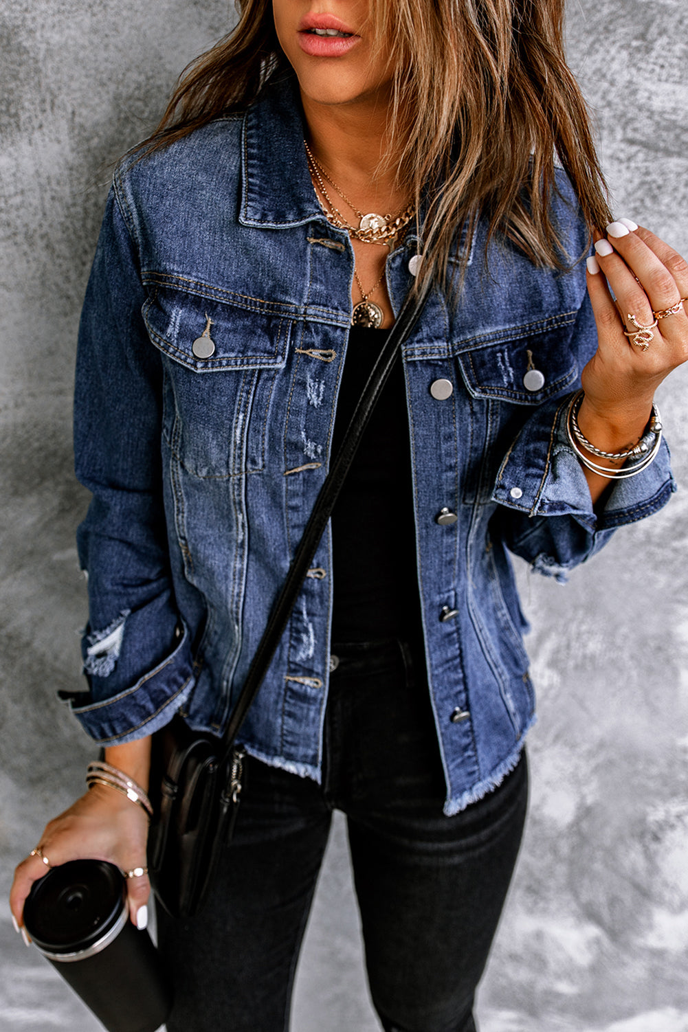 Blue Lapel Distressed Raw Hem Buttons Denim Jacket BB Fashion Outlet
